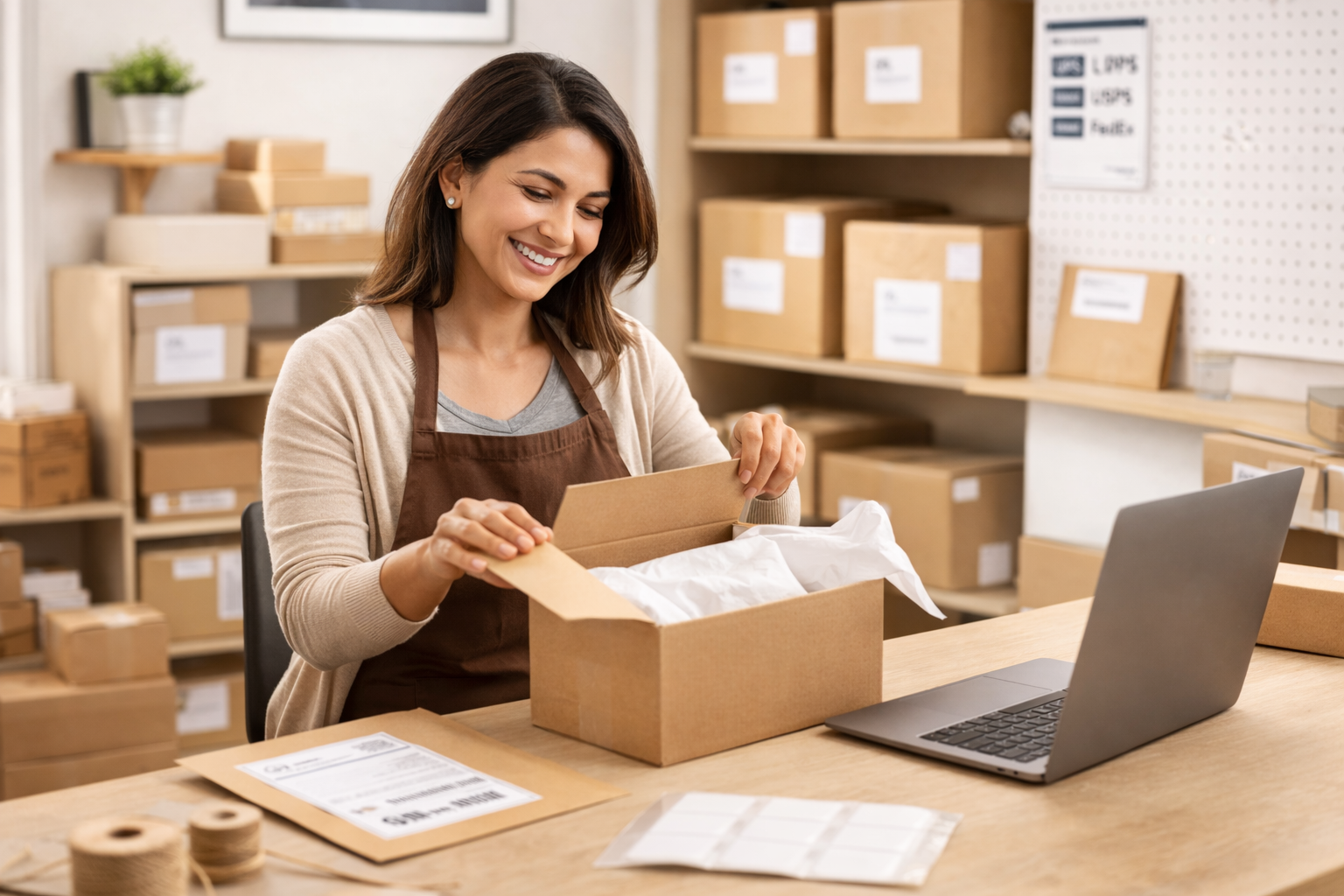 woman packing orders from her etsy and shopify business