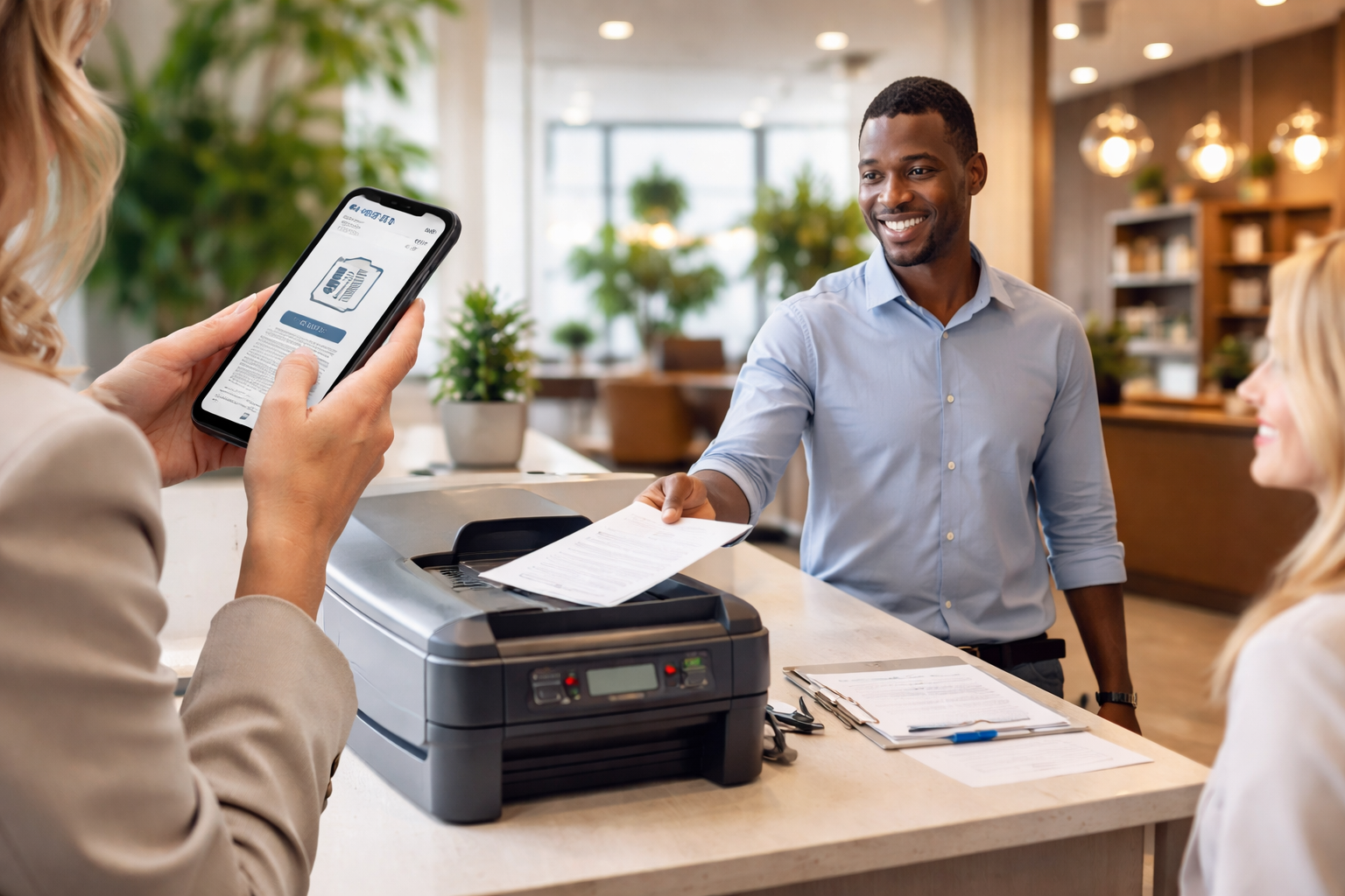 Person faxing from phone at the shipping lounge