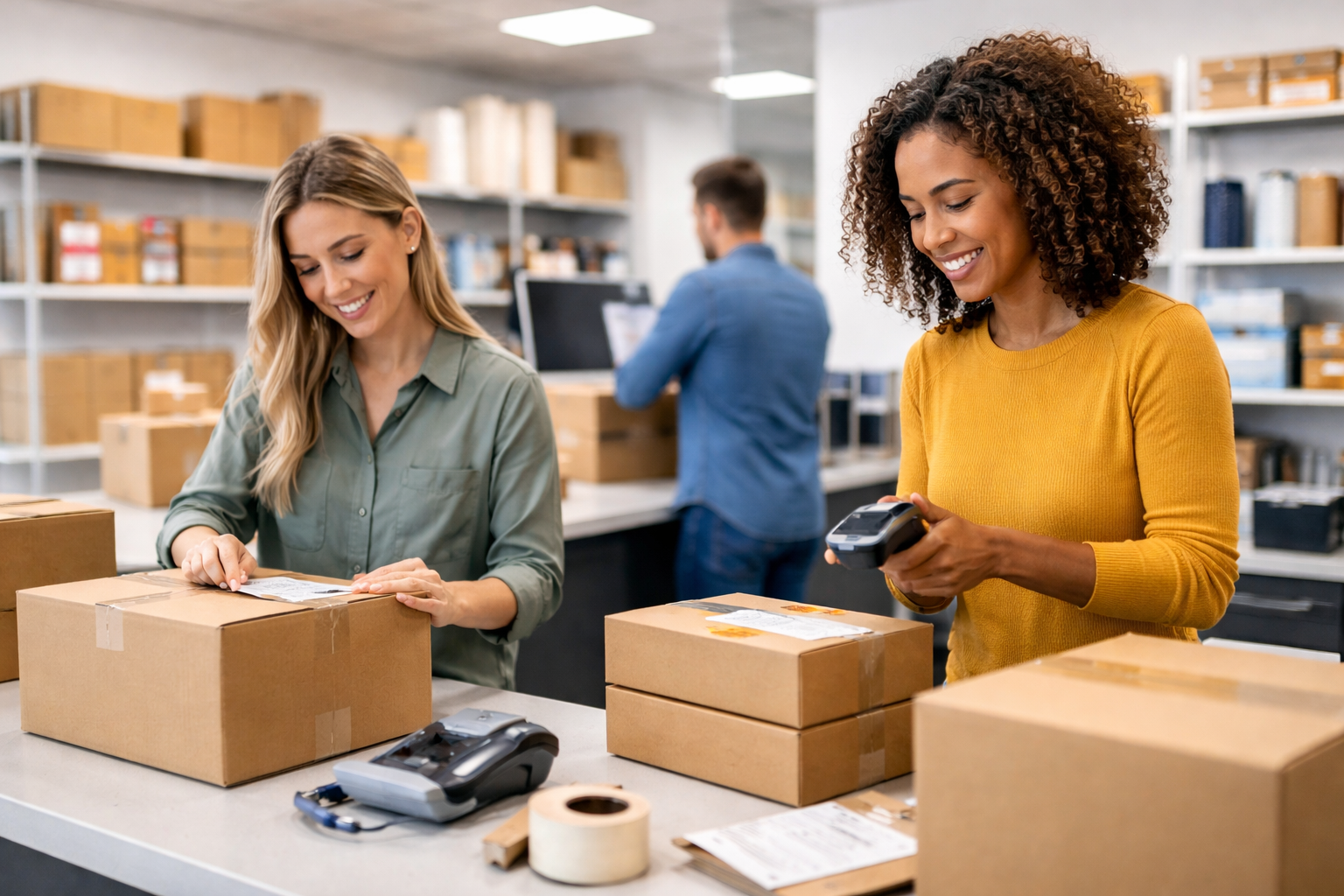 Workers Scanning and Labeling boxes for customers at the Shipping Lounge Columbia SC 29229