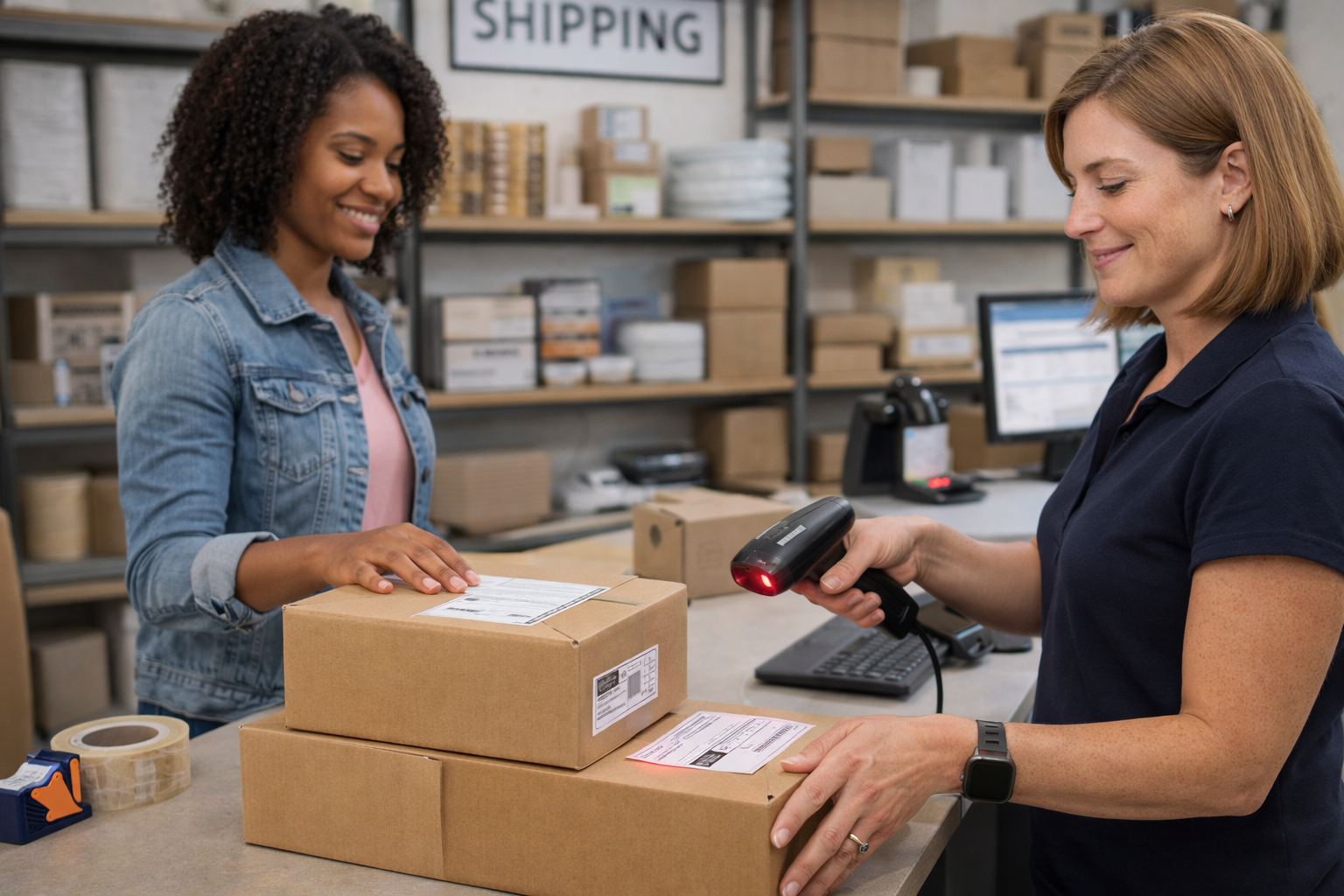 Woman at Shipping lounge in columbia sc  dropping off packages to shipped for her business